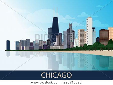 Chicago Downtown Business Area Background With Skyscrapers, Lake Michigan, Park With Green Trees And