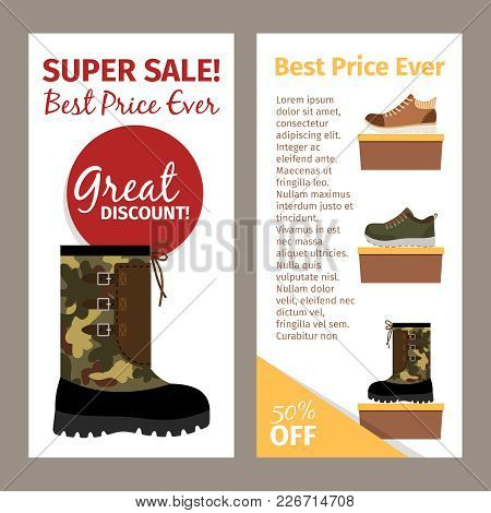 Shoes For Men. Mans Footwear Like Military Autumn Boots. Vertical Flyers Design
