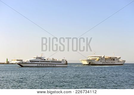 Split, Croatia - February 28: Ferryboat Of Jadrolinija Company In The Port Of Split, Croatia On Febr