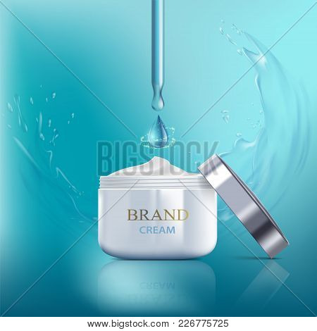 Cosmetic Cream With Vitamins, Aqua And Coenzyme. Splashes Of Water With Drops. Packing Brand Design.