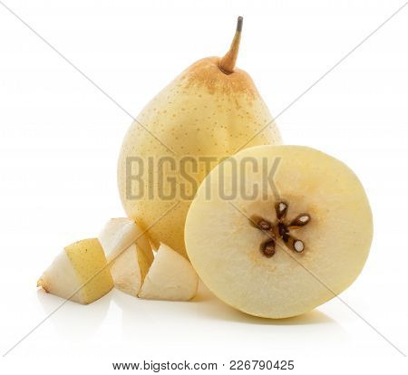 One Nashi Pear With A Half And Four Cut Pieces (russet Pear) Isolated On White Background Yellow Tex
