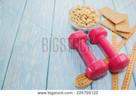 The Concept Of A Healthy Diet. Small Dumbbells, Healthy Lifestyle. Sport. Fitness Food.