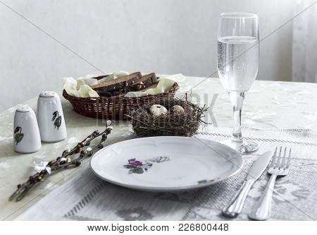 On The Table Napkin With A Plate Vegetable Stew Green Onion Glass Fork Knife And Willow Branches Sal