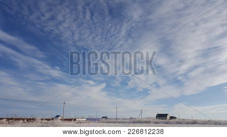 Winter View Of Small Town And Mountain. View Of The Small Town In Winter.