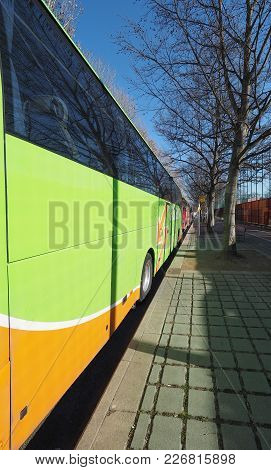 Turin, Italy - Circa February 2018: Flixbus Coach At Turin International Bus Station