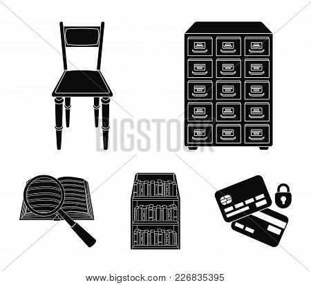 Cabinet With Filing Cabinet, Chair, Shelves, Information Search. Library And Bookstore Set Collectio