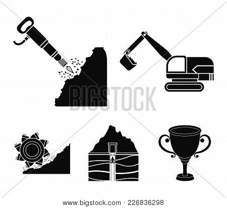 Excavator, Tunnel, Elevator, Coal Harvester And Other Equipment.mine Set Collection Icons In Black S