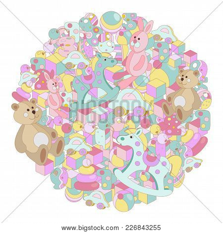 Pastel Cartoon Doodles Baby Toy Vector Illustration. Round Picture With Lots Of Teddy Bear, Rocking 