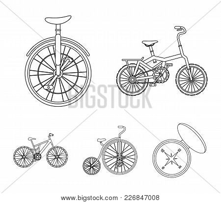 Retro, Unicycle And Other Kinds.different Bicycles Set Collection Icons In Outline Style Vector Symb