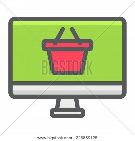 Online Shopping Filled Outline Icon, Basket And Pc, E Commerce Sign Vector Graphics, A Colorful Line