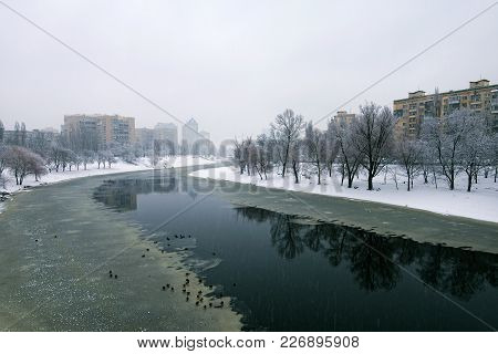 Housing Area And The Channel On Ice. A Typical Residential 