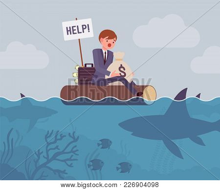 Business Attacked By Big Shark. Young Businessman Trying To Defend His Small Business And Money From