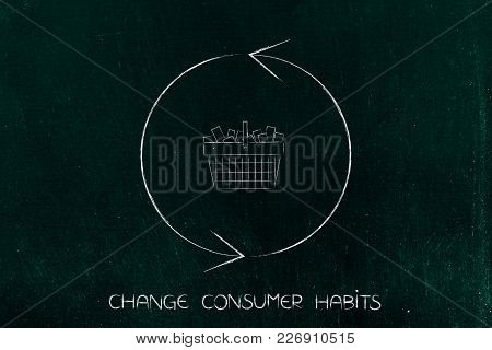 Change Consumer Habits Conceptual Illustration: Shopping Basket Surrounded By Refresh Sign