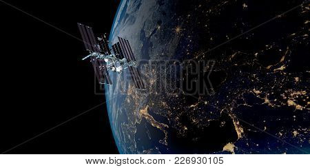 Extremely Detailed And Realistic High Resolution 3D Illustration Of A Satellite Orbiting Earth. Shot