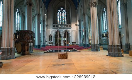 Bruges, Belgium - February 2018: Interior Swing And Pool Of Church Of St Magdalene In The City Of Br