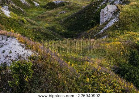 Ancient Cretaceous Overgrown Ravine With Outcrops Of Chalk. Territory Natural Archaeological Monumen