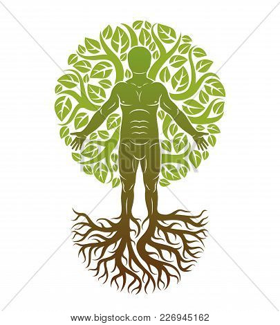 Vector Illustration Of Human Being Created As Continuation Of Tree With Strong Roots And Made Using 