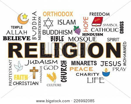 Illustration Of Religion Word Concept In White Background