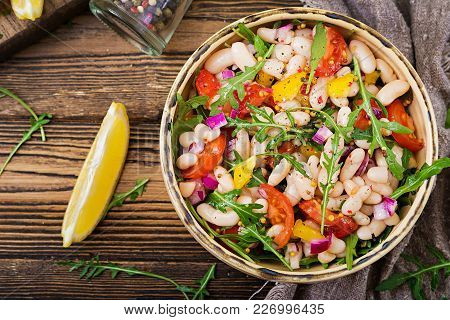 White Bean Cannellini Salad. Vegan Salad. Diet Menu. Flat Lay. Top View.
