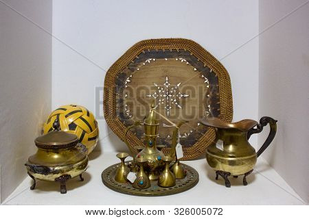 Arab Traditional Old Antique Items. Brass Coffee Pot,cups,plates And Trays.