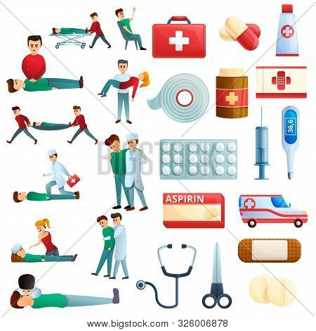 First Medical Aid Icons Set. Cartoon Set Of First Medical Aid Vector Icons For Web Design