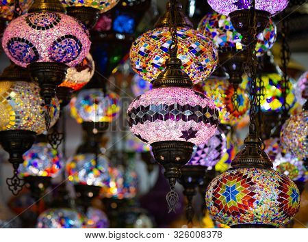 A Bunch Of Turkish Lamps At One Of Many Kemer Gift Shops. Antalya, Turkey.