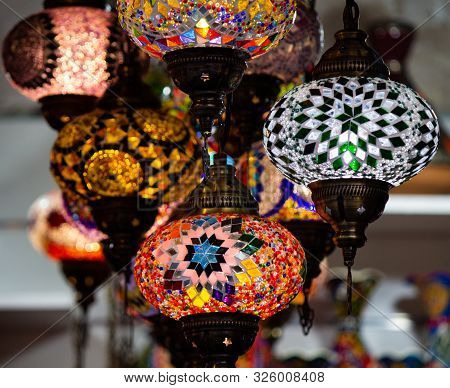 A Bunch Of Turkish Lamps At One Of Many Kemer Gift Shops. Antalya, Turkey.