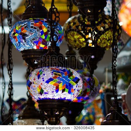 A Bunch Of Turkish Lamps At One Of Many Kemer Gift Shops. Antalya, Turkey.