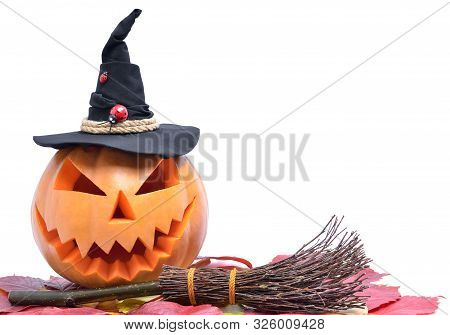 Pumpkin For Halloween Isolated On White Background. Jack Lantern Head Carved From Pumpkin For Hallow