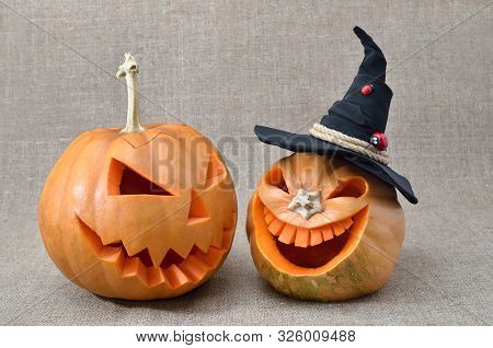 Pumpkin For Halloween Carved In The Shape Of A Smile. Jack Lantern Head Carved From Pumpkin For Hall