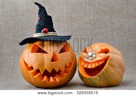 Pumpkin For Halloween Carved In The Shape Of A Smile. Jack Lantern Head Carved From Pumpkin For Hall