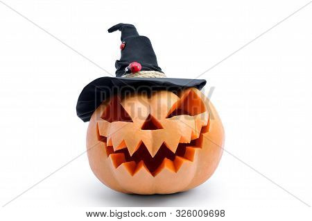 Pumpkin For Halloween Isolated On White Background. Jack Lantern Head Carved From Pumpkin For Hallow