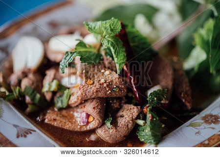 Spicy Pork Liver Salad (tub Wan) Is Thai Esan Food