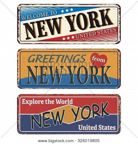 Vintage Tin Sign Collection With Us City. New York. Templates On Rust Background.