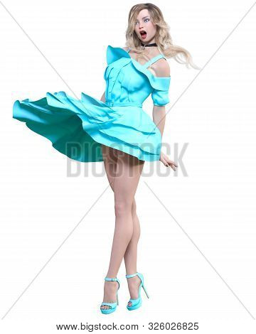 Beautiful Blonde Woman In Light Summer Waving Dress.