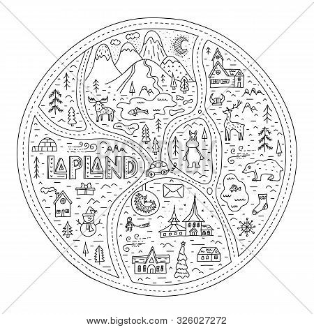 Doodle Abstract Map Of Lapland With Landmarks And Symbols. Vector Travel Postcard.