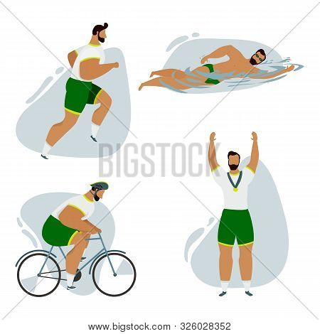 Triathlon Vector Set. Athletic Man Running, Biking, Swimming And Holding Hands Up With Sport Medal. 
