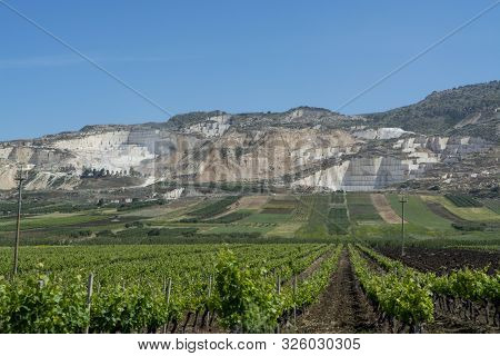 Extraction Of Perlato And Perlatino Of Sicily Light Biege Marble, Landscape With Marble Quarries And