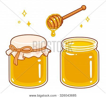 Hand Drawn Cartoon Style Honey Set. Glass Jar With Lid Cover Tied With String. Wooden Dipper Spoon W
