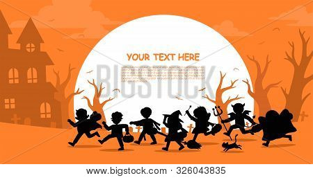 Happy Halloween. Children In Halloween Fancy Dress To Go Trick Or Treating.template For Advertising 