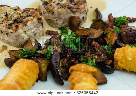 Roasted Tenderloin Cut With Fresh Mushrooms Of The Forest