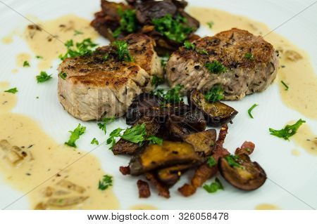 Roasted Tenderloin Cut With Fresh Mushrooms Of The Forest