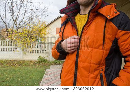 Fastens The Zipper Jacket, Zippen Up Man Orange Jacket The Outdoors