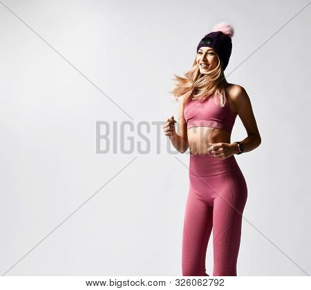 Beautiful Sexy Blonde Woman With Perfect Athletic Slim Figure By Physical Education Or Fitness, Lead