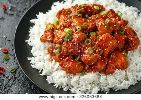 Tsos Chicken With Rice, Green Onion And Broccoli