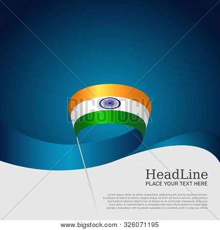 India Flag Background. Wavy Ribbon Colors Flag Of India On Blue White Background. National Poster. V