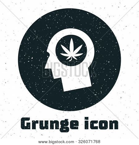 Grunge Silhouette Of Male Head In Profile With Marijuana Or Cannabis Leaf Icon Isolated On White Bac