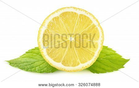 Isolated Lemon And Mint. Lemon Cross Section And Two Leaves Of Mint Isolated On White Background Wit