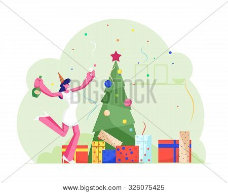 Merry Christmas And Happy New Year Celebration Cheerful Woman In Santa Hat Celebrate Xmas Party In O