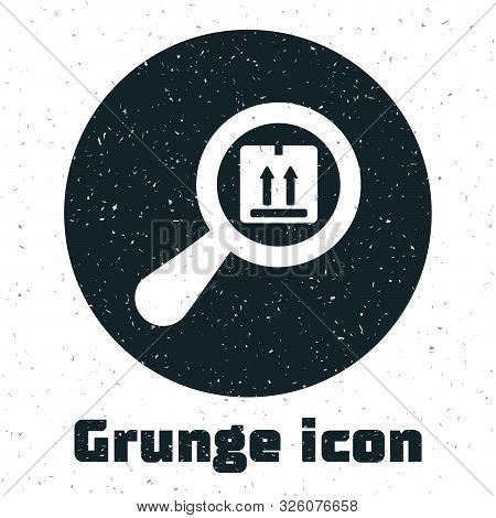 Grunge Search Package Icon Isolated On White Background. Parcel Tracking Symbol. Magnifying Glass An
